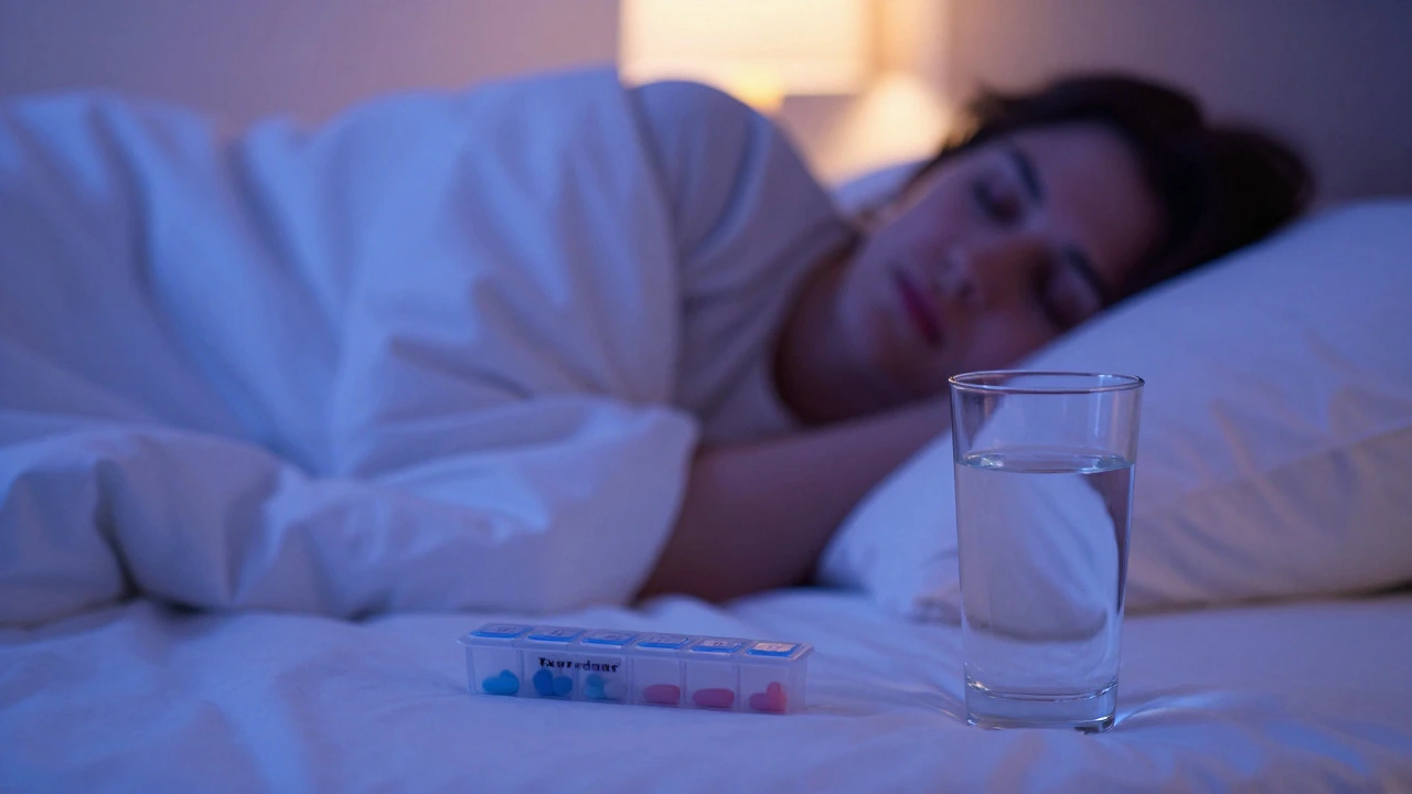 Peaceful person sleeping in bed with pill organizer nearby