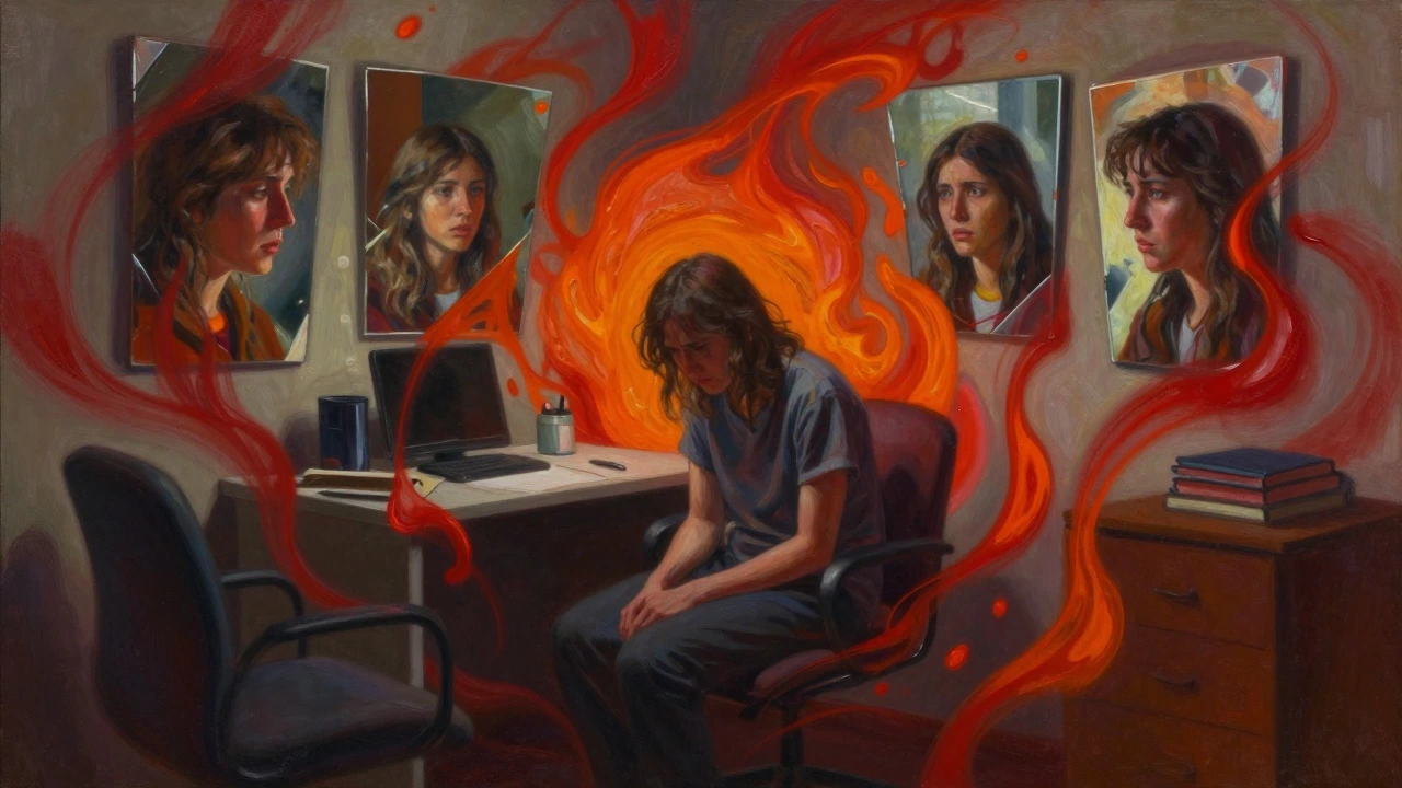 Person surrounded by swirling red emotions and fragmented mirrors, depicting BPD turmoil.
