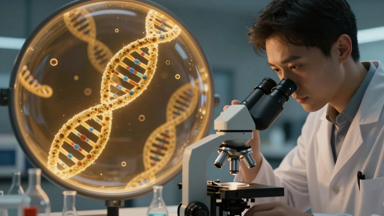 Scientist viewing glowing DNA strands in blood sample, representing early cancer detection tech.