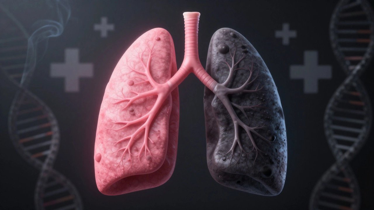 Split lungs illustrating healthy vs cancerous tissue