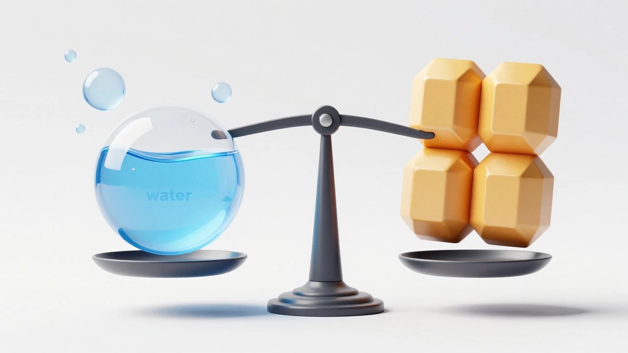 Abstract 3D art contrasting floating water bubbles with solid fat blocks on a balance scale.