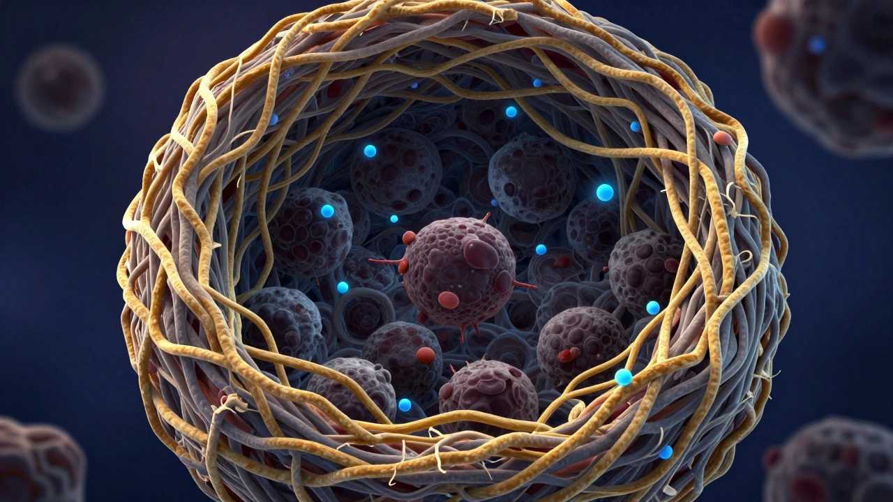 Abstract illustration of a tumor barrier blocking drug particles