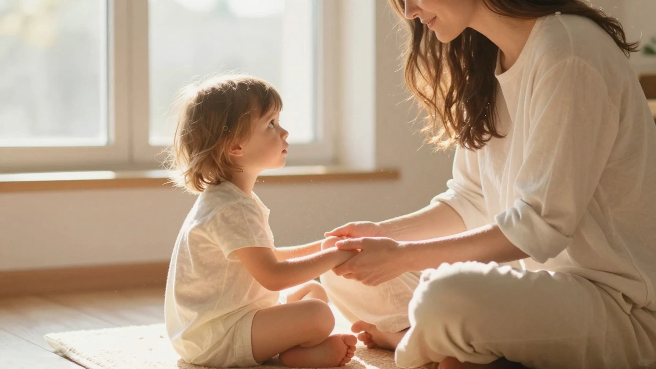 Adult comforting their inner child with warm sunlight and gentle embrace