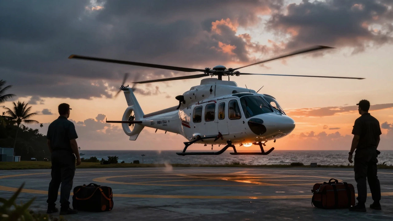 Air ambulance helicopter taking off for medical evacuation at sunset
