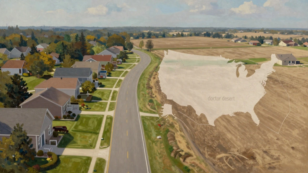 Artistic depiction of healthcare inequality between affluent suburbs and rural doctor deserts