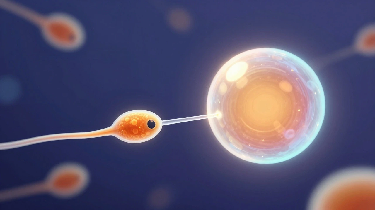 Artistic depiction of ICSI procedure with a sperm injected into an egg.