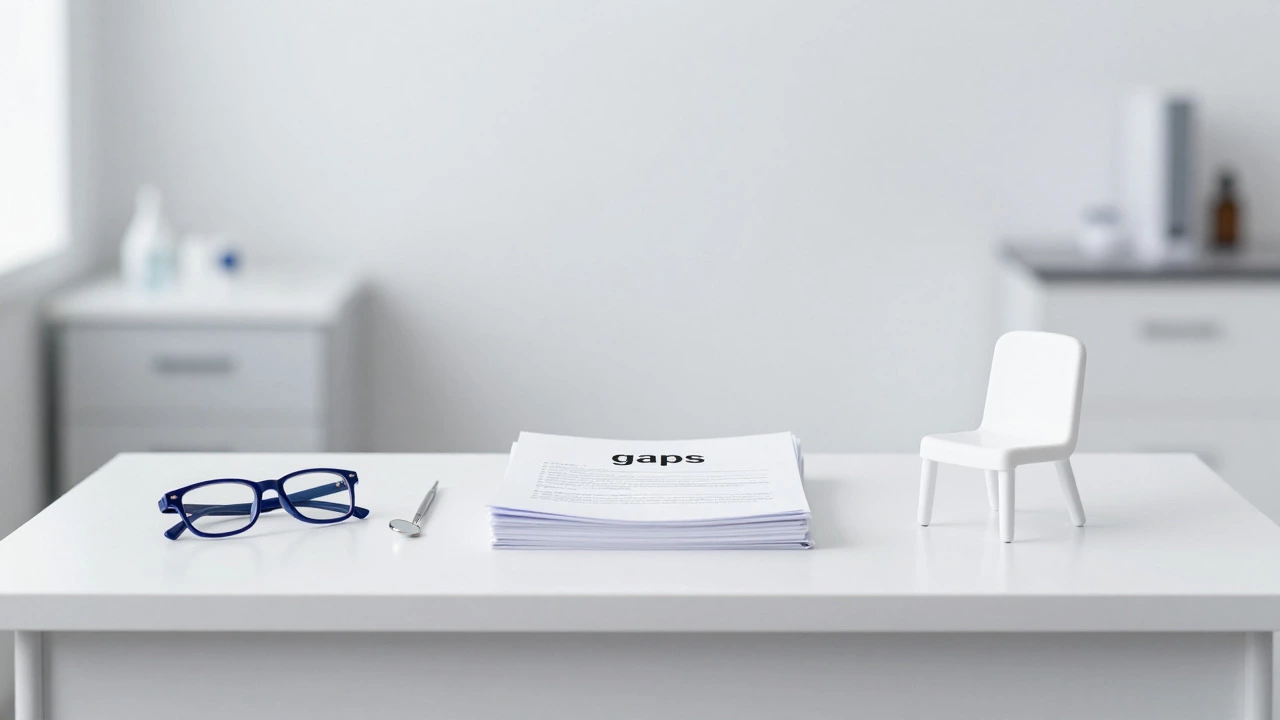 Doctor's desk with eyeglasses and dental tools symbolizing uncovered healthcare services