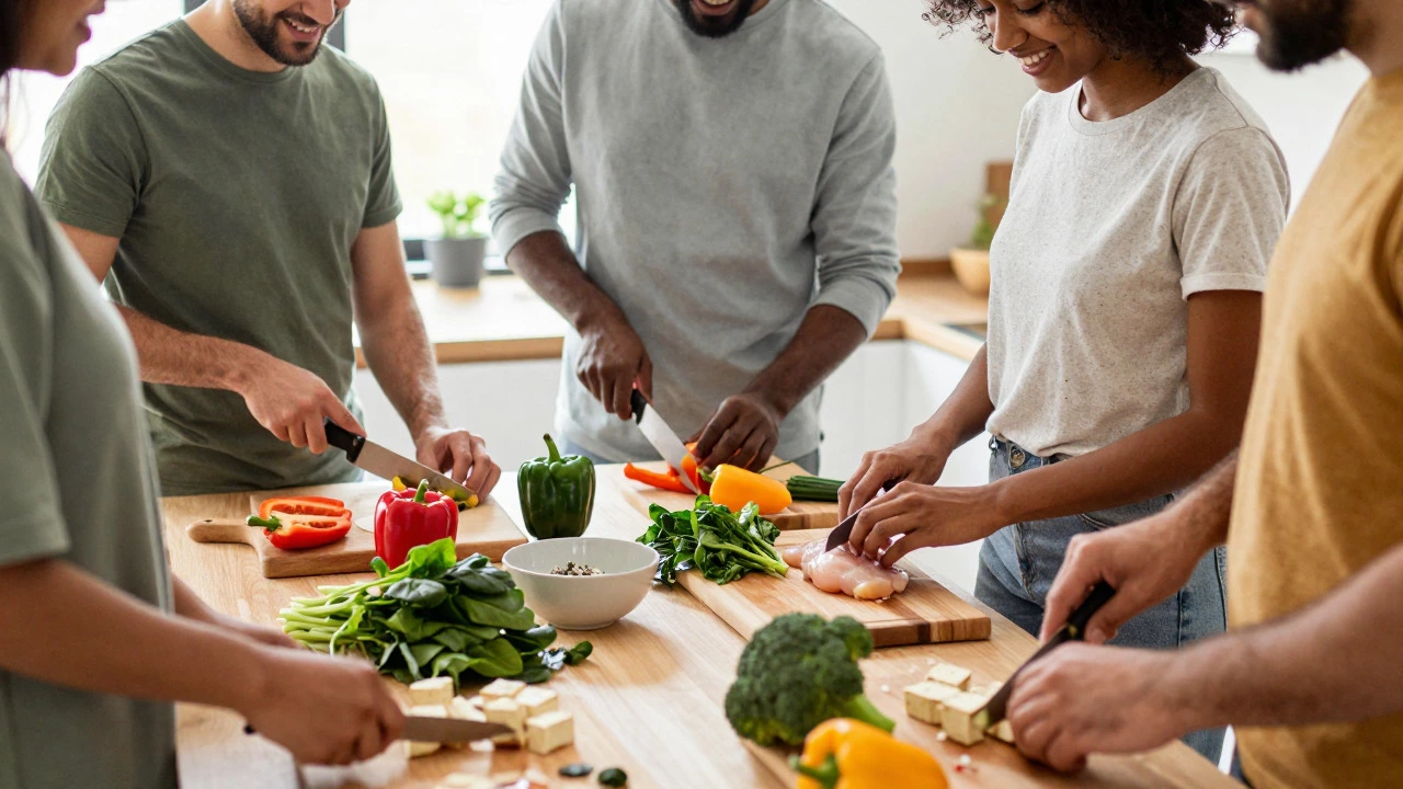 Friends preparing fresh vegetables and lean protein in a sunny, modern kitchen together.