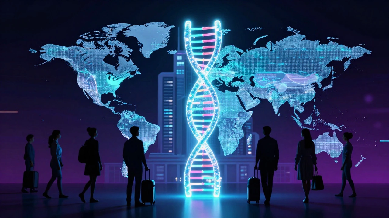 Futuristic illustration of global patients seeking specialized care at an advanced US hospital