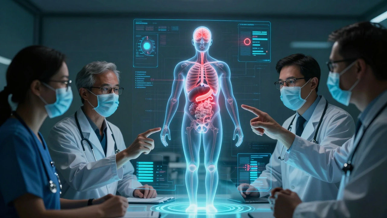 Medical team analyzing a 3D body model in a conference room