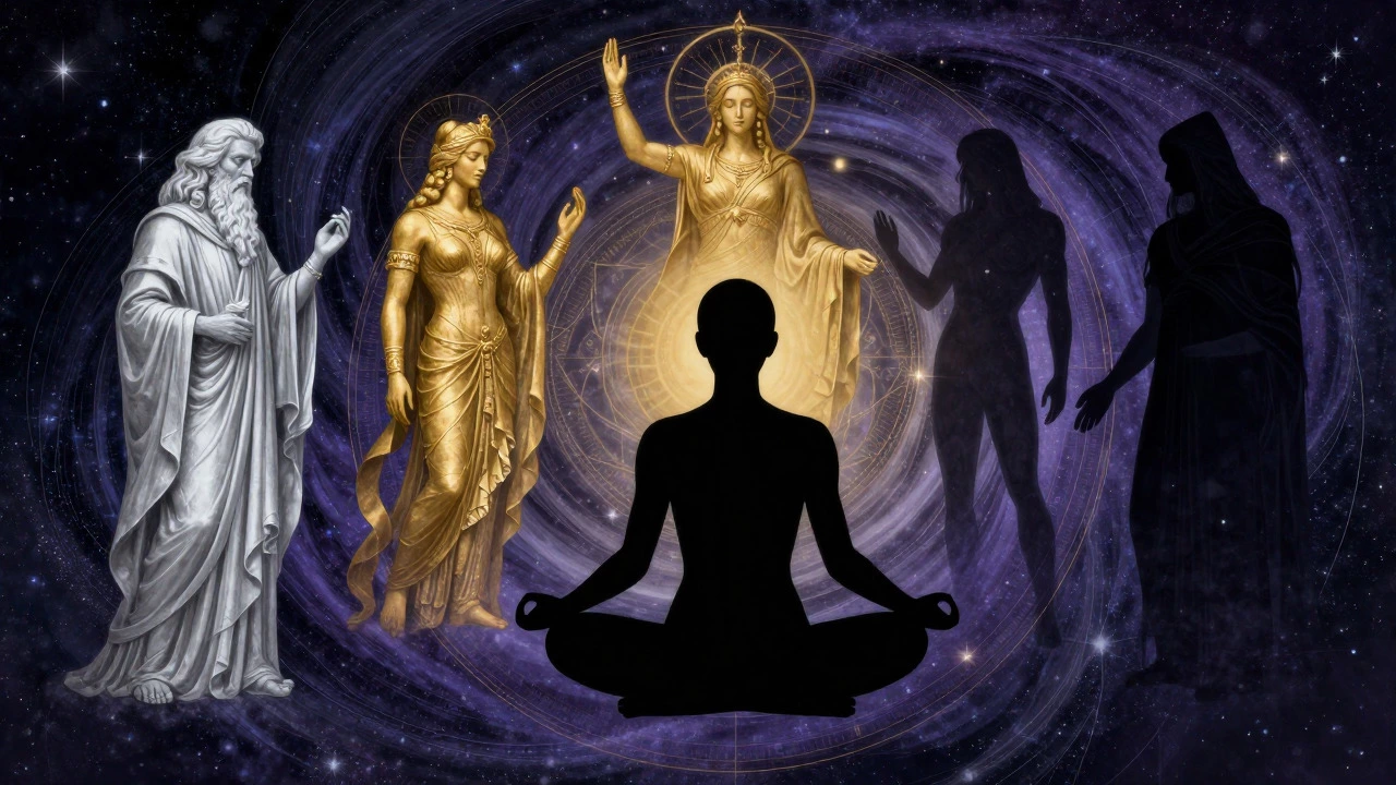 Silhouette meditating surrounded by golden archetypes like hero and shadow in cosmic space