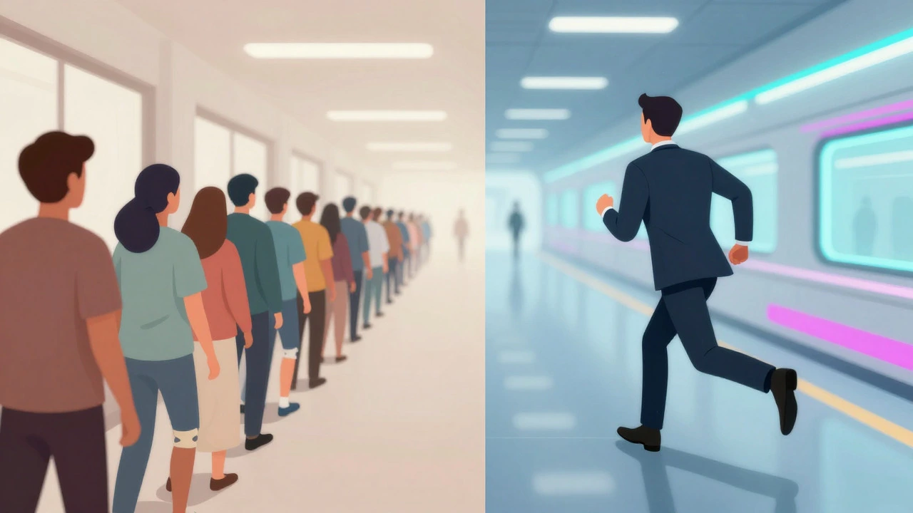 Split image showing a long public hospital queue versus a fast private clinic corridor