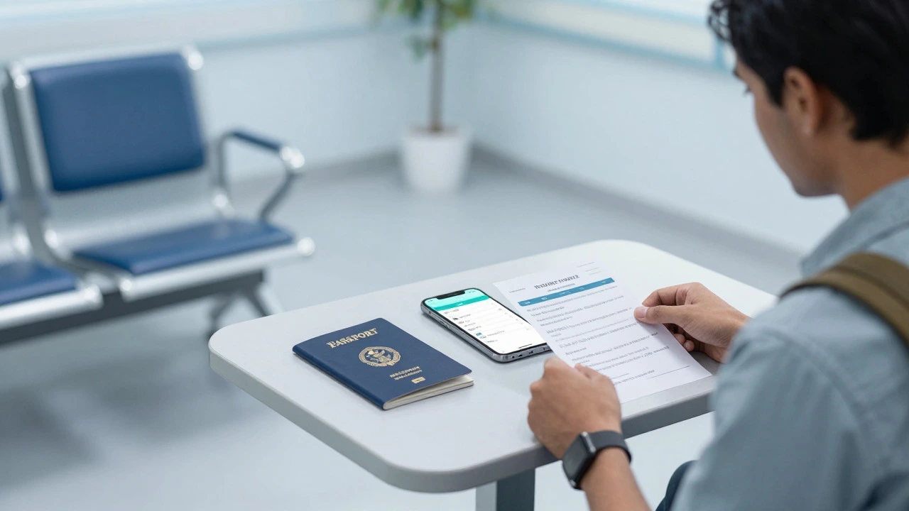 Traveler organizing medical docs and phone in hospital waiting room