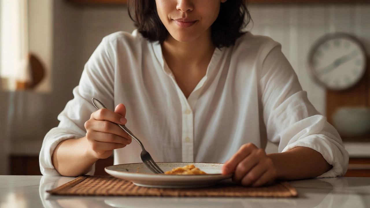 A person pausing during a meal to practice mindful eating and slow chewing techniques.