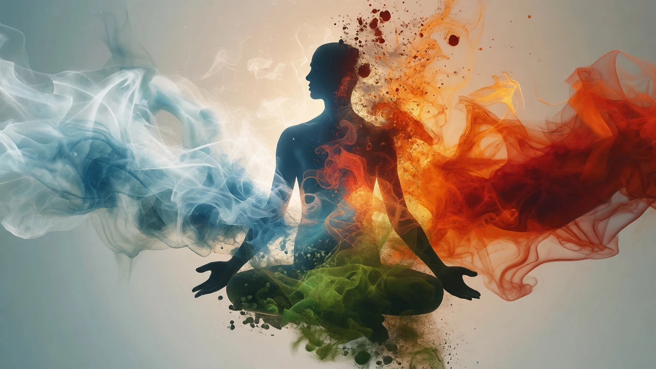Abstract visualization of balanced Ayurvedic doshas around a human form