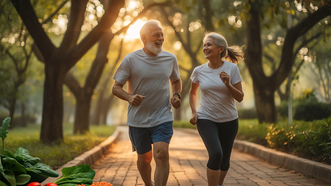 Active senior couple exercising in a park at golden hour, holding fresh vegetables, symbolizing healthy recovery.