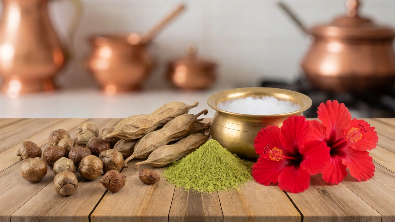 Ayurvedic ingredients Reetha Shikakai Amla and hibiscus on wooden table