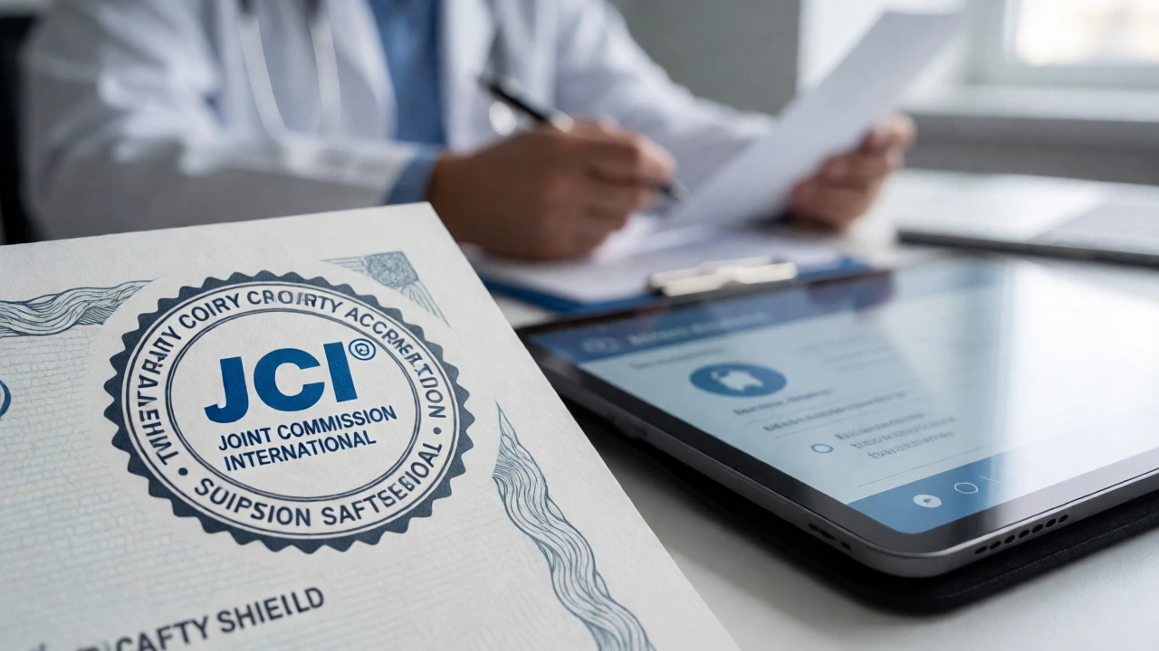 Close-up of JCI accreditation seal next to digital medical records tablet