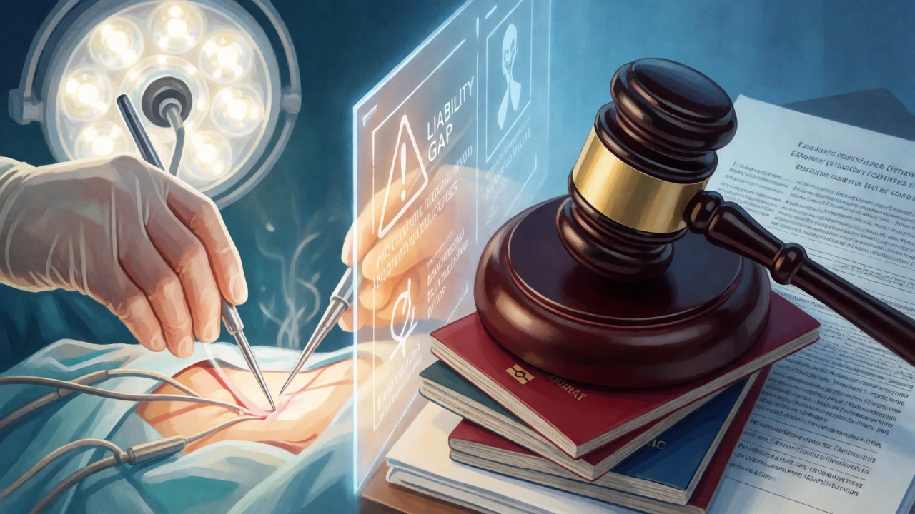 Conceptual art showing medical procedure separated from legal documents by barrier
