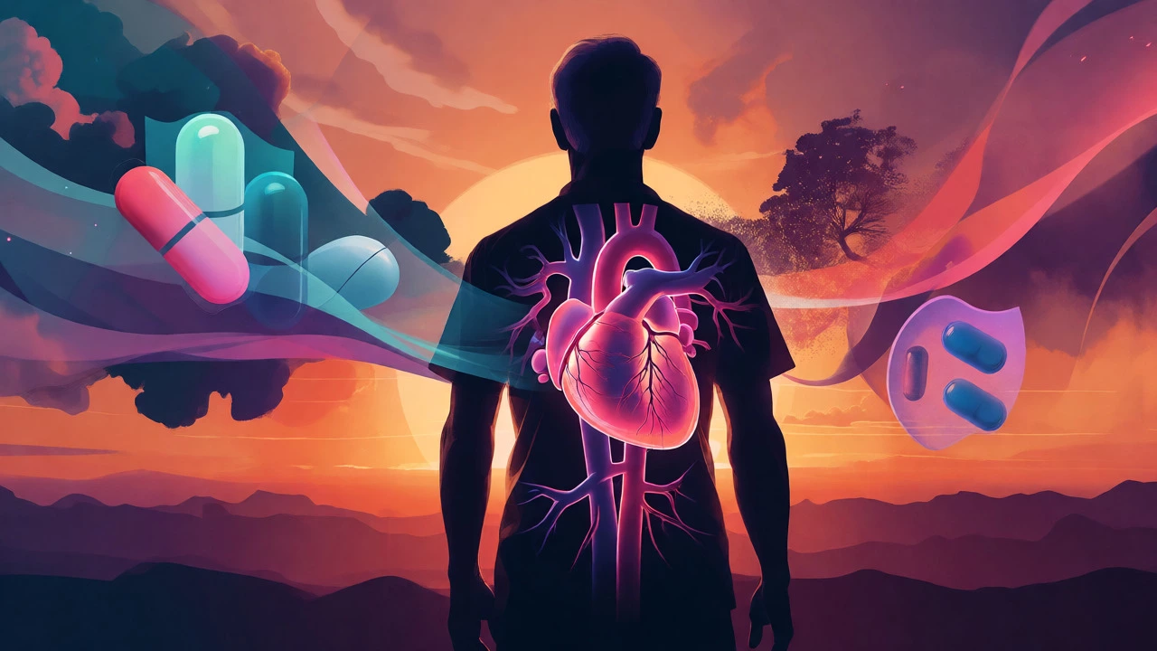 Double exposure art of a person with a glowing heart inside their silhouette against a sunset, representing longevity.