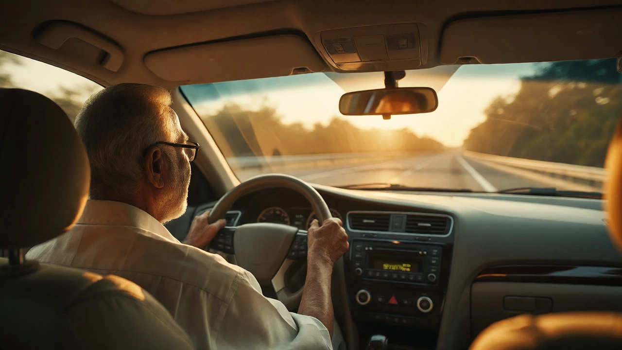 Elderly man driving a car calmly on a sunny highway during recovery