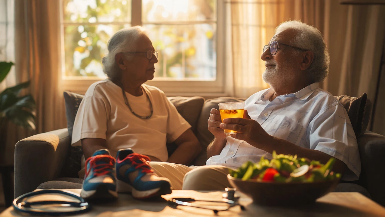 Healthy senior relaxing at home with wellness items