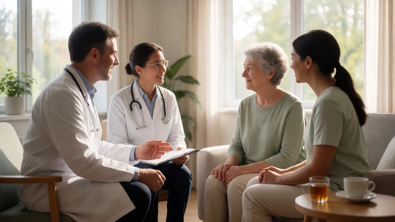 Patient consulting with doctors in a bright, calm room, illustrating effective cancer pain management and care.