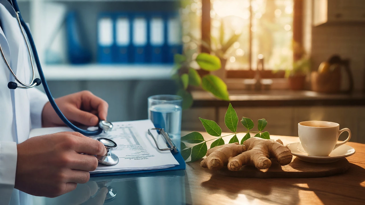 Split view comparing clinical medicine with natural Ayurvedic ingredients