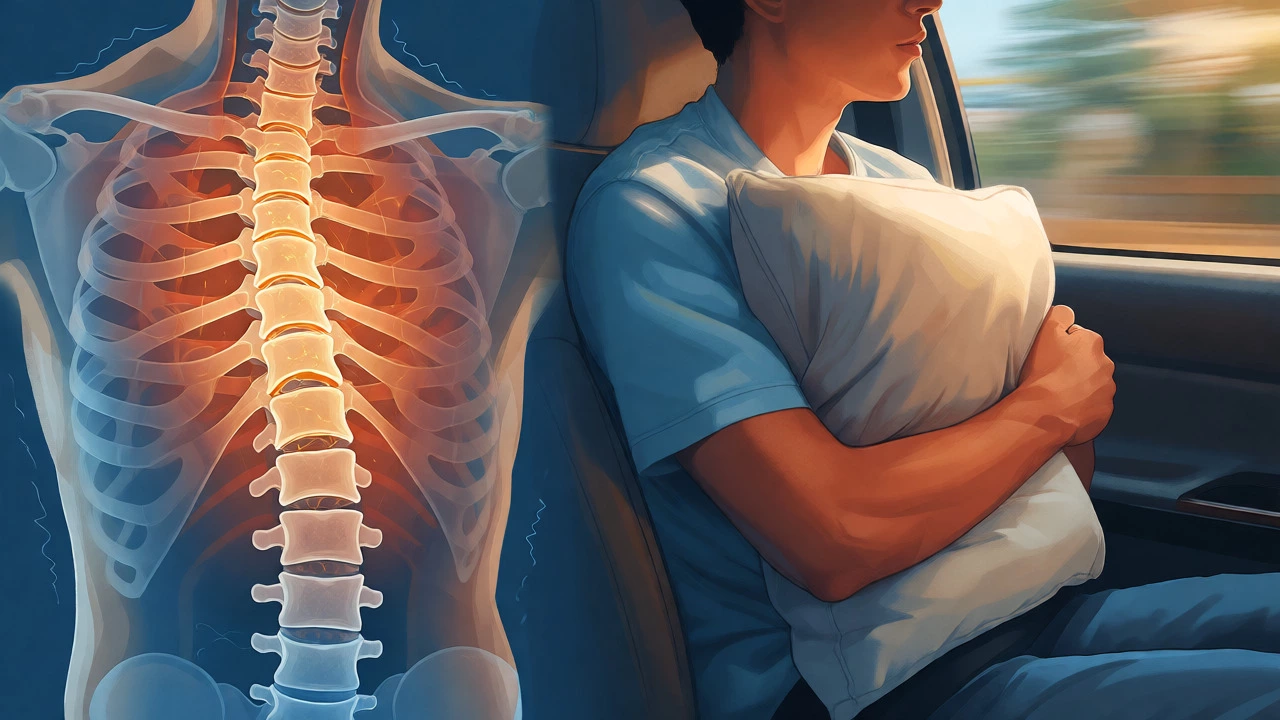 Split view of healing sternum anatomy and a passenger bracing in a car