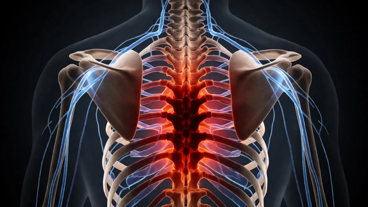 Stylized spine and ribs showing a tumor pressing on glowing blue nerves to depict neuropathic cancer pain.