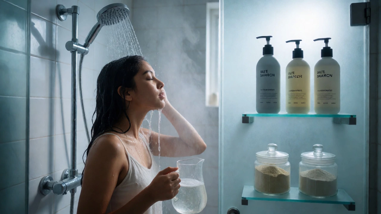Woman rinsing hair with herbal water using filtered shower in modern bathroom