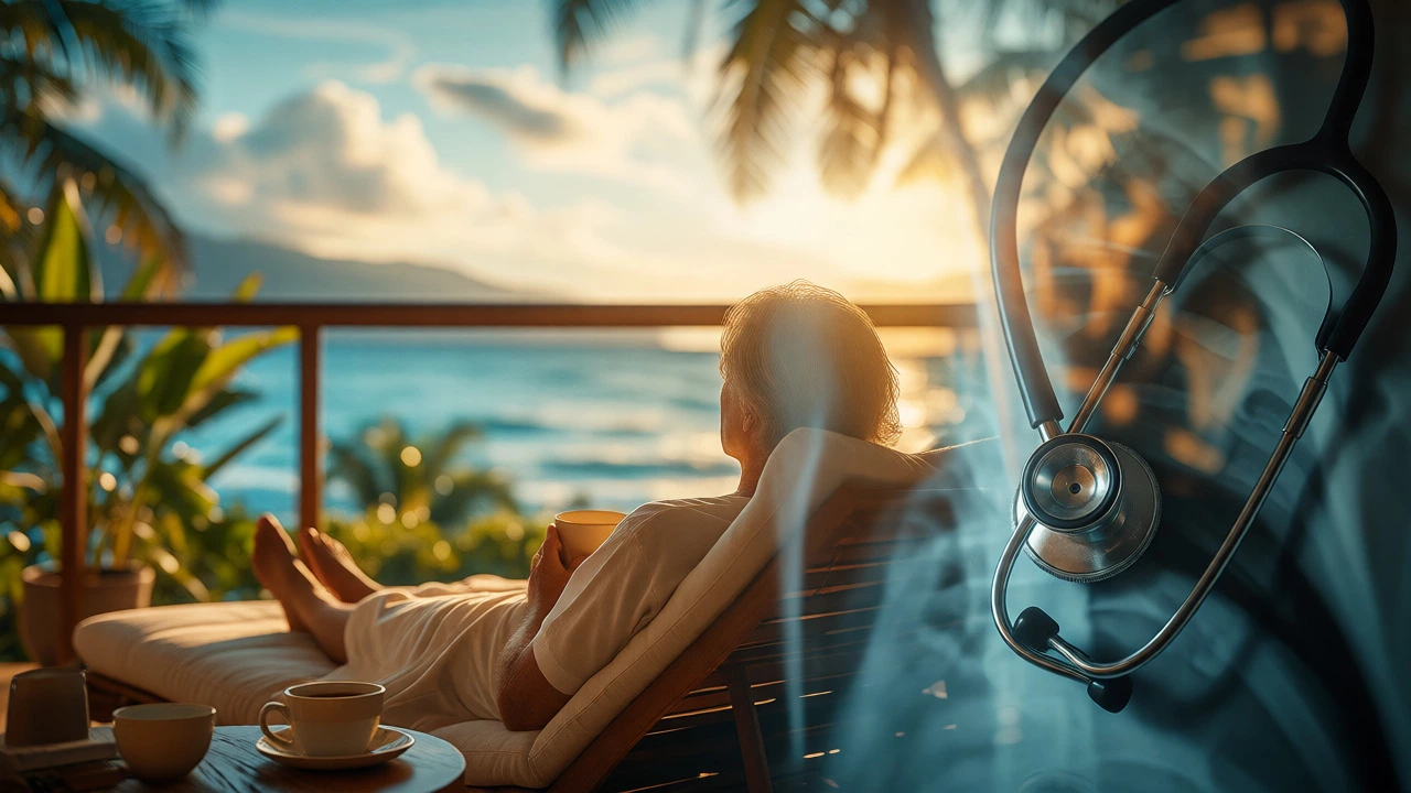 A patient recovering on a tropical beach, blending medical care with wellness tourism.