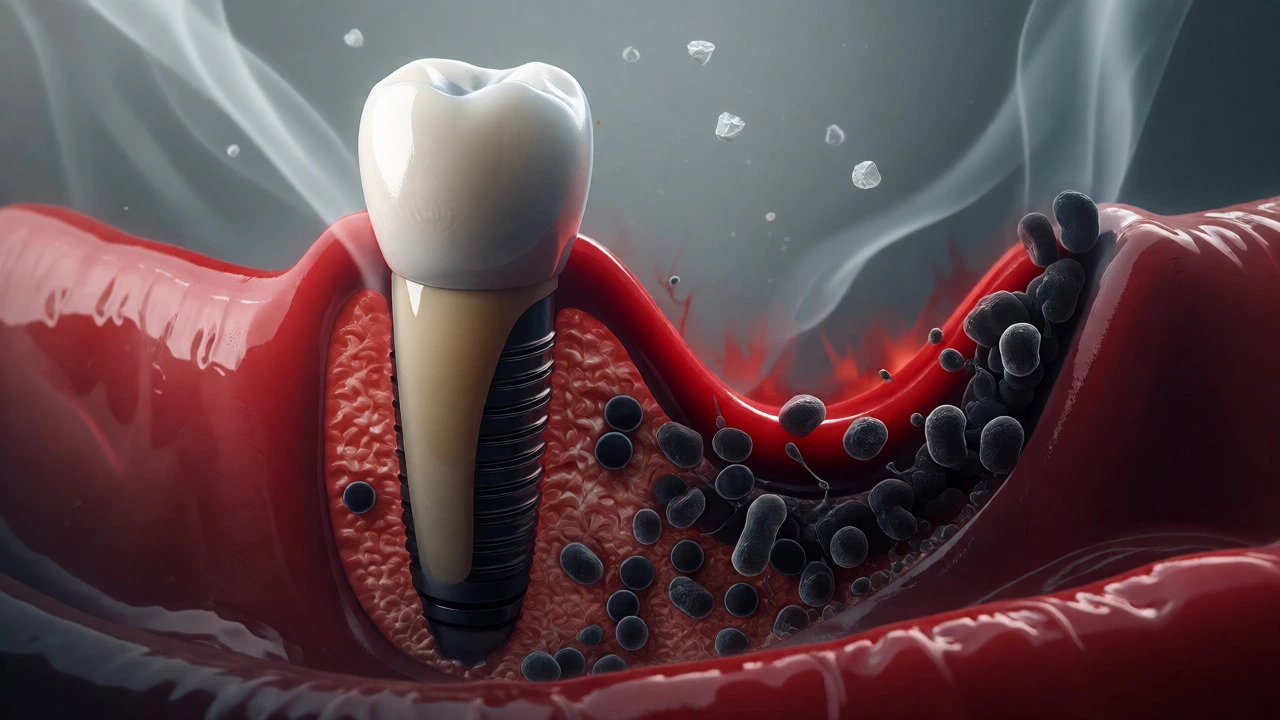 Artistic depiction of bacteria and inflammation threatening a dental implant's stability.