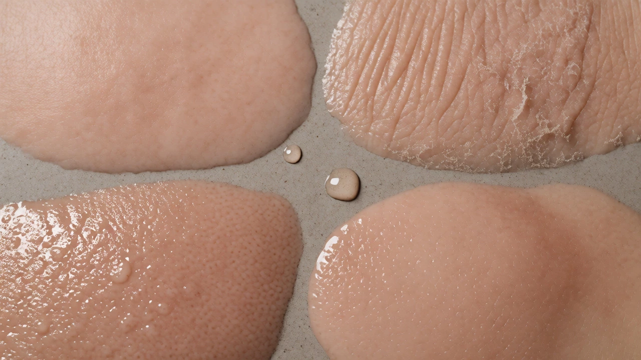 Close-up comparison of normal, dry, oily, and combination skin textures