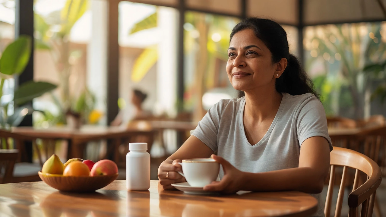 Confident woman at cafe with diabetes medication and fruit
