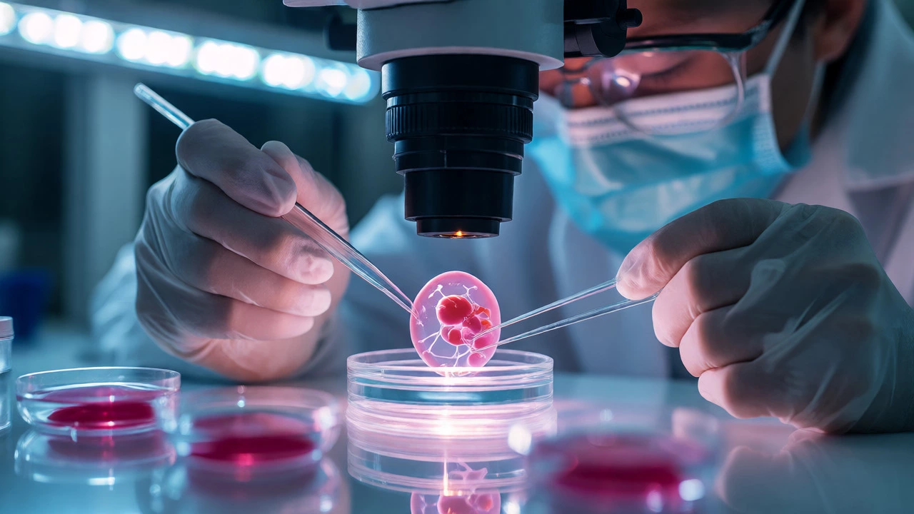 Embryologist handling an embryo with pipettes under a microscope