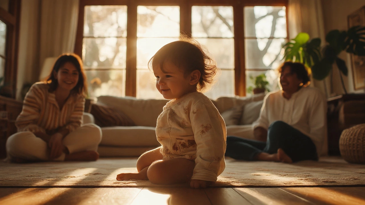 Healthy toddler playing in a sunny living room with parents