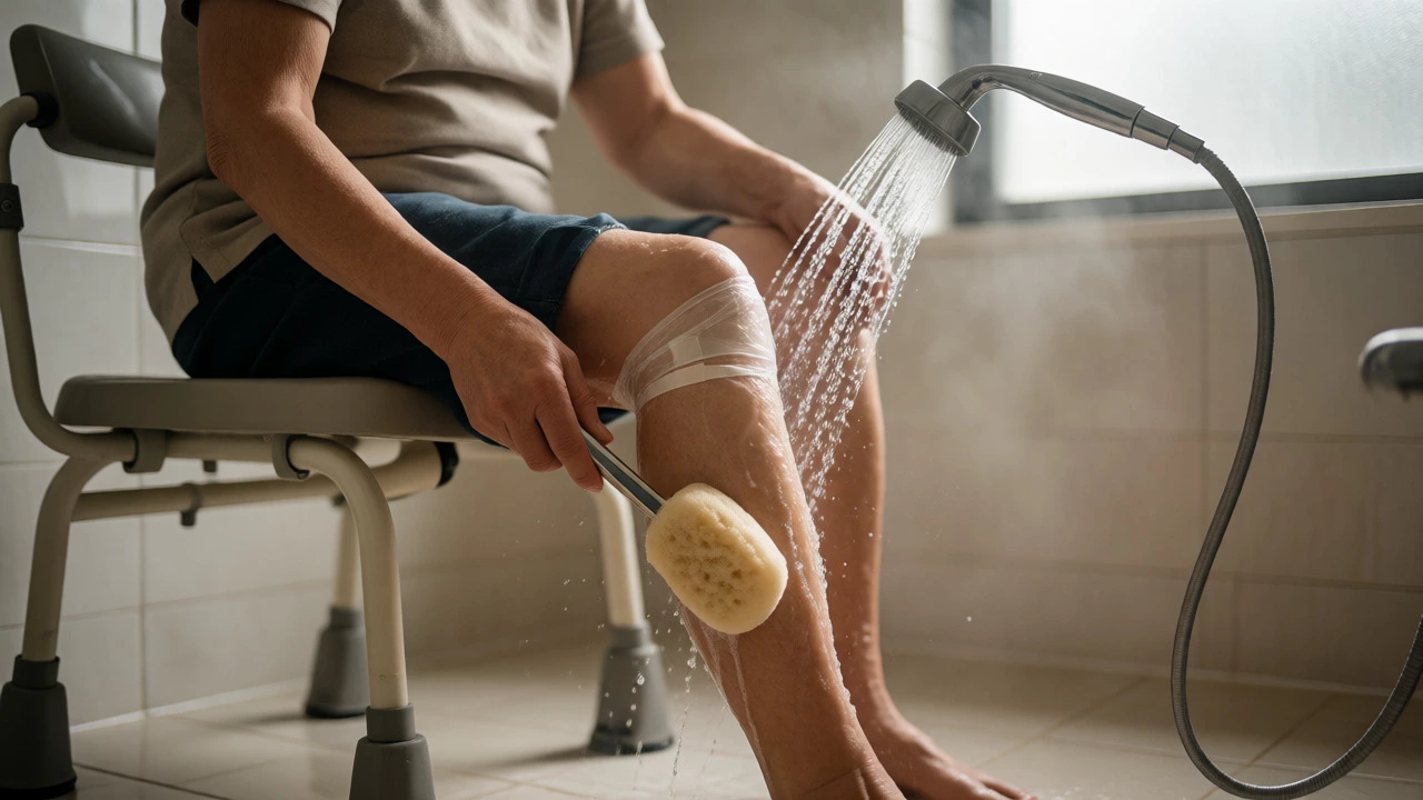 Patient using a shower chair and long-handled sponge to safely wash legs.