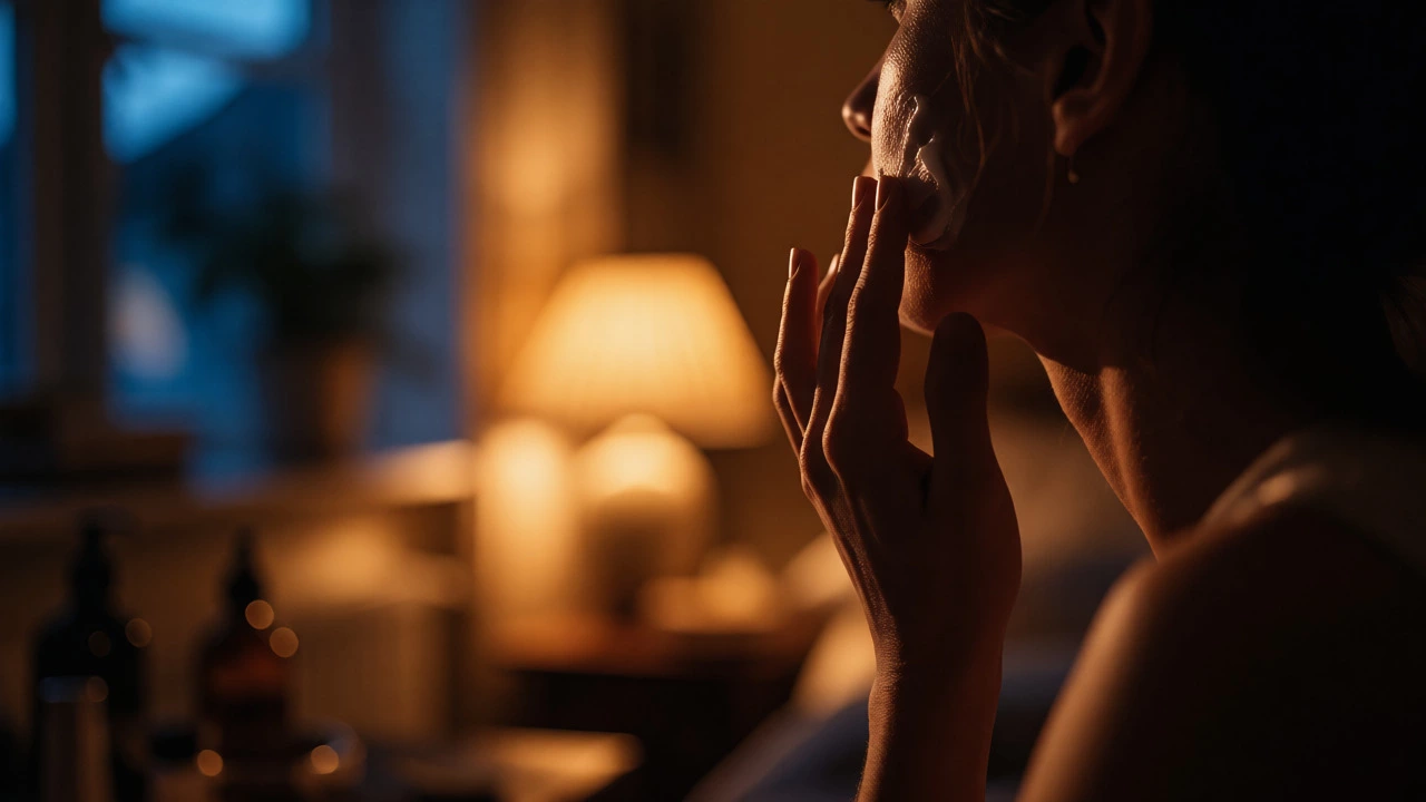 Person applying face cream in a warmly lit bedroom during nighttime routine