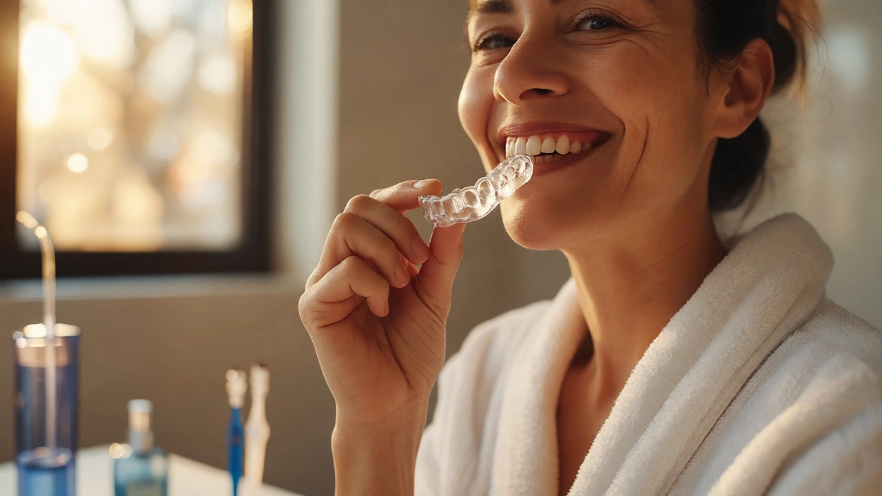 Person holding a night guard next to a smile, highlighting implant care routines.