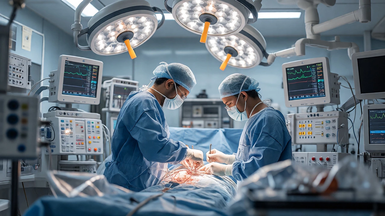 Surgeons performing cardiac surgery in a high-tech, sterile Indian hospital operating room.
