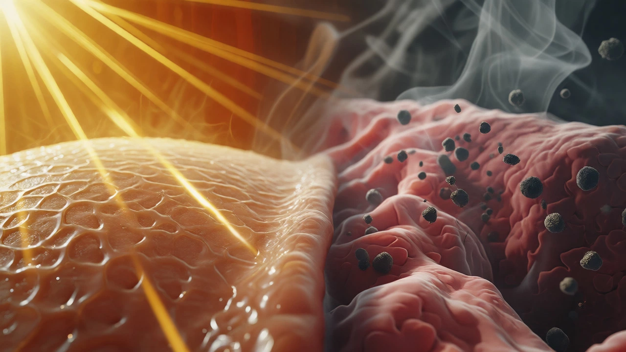 UV rays hitting skin and toxins entering lung lining illustrating cancer risks