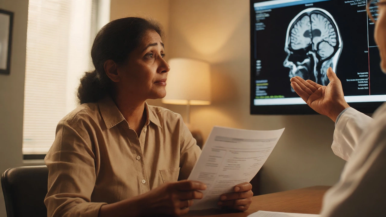 Woman discussing brain MRI scans with a doctor in a clinic
