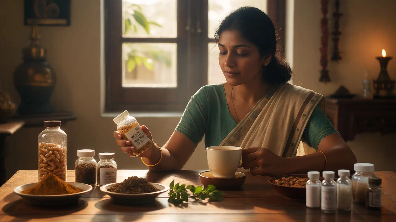 Woman reviewing Ashwagandha and Tulsi supplements safely